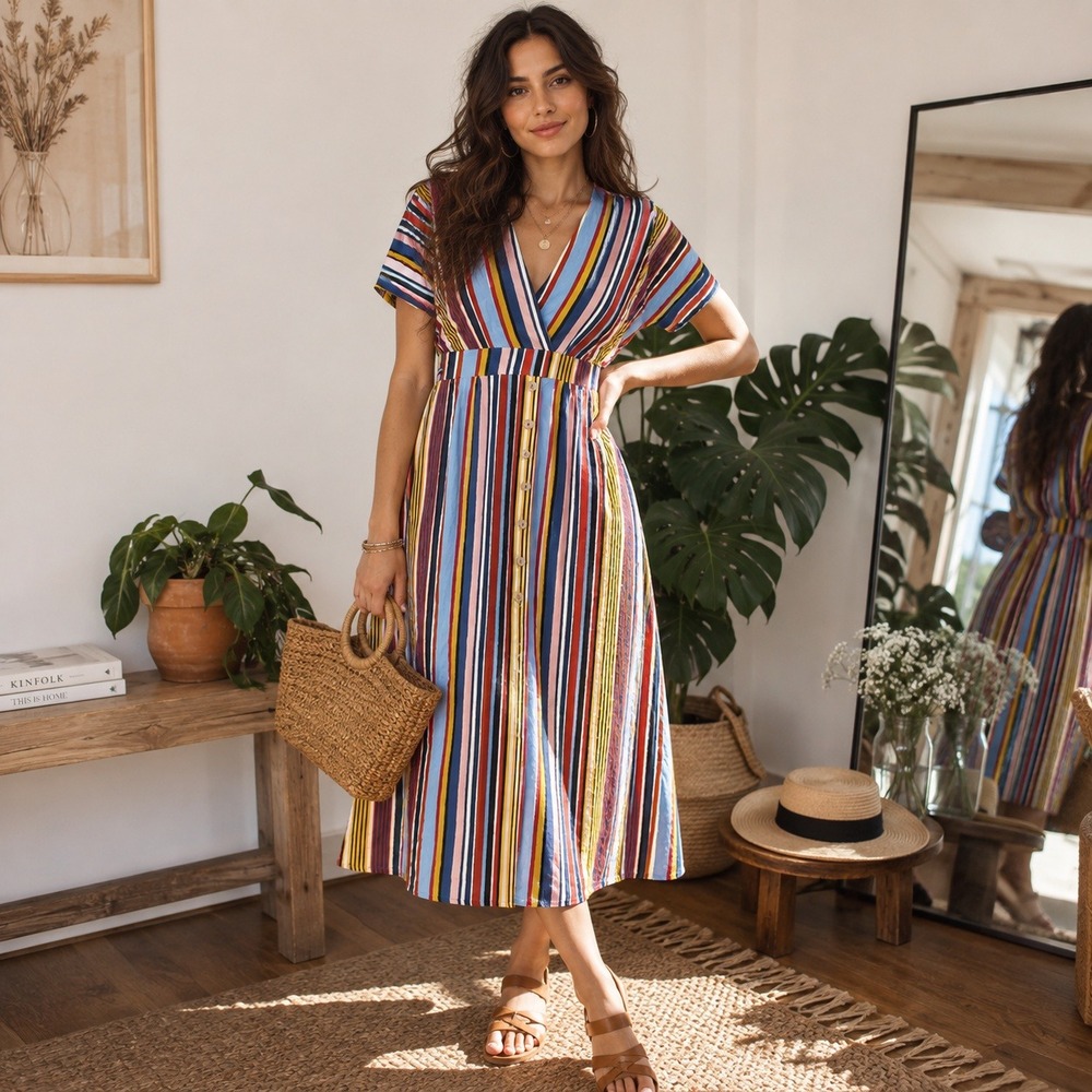 Harper Heritage Multi Color Striped Maxi Dress V-Neck Button Front Pockets XS